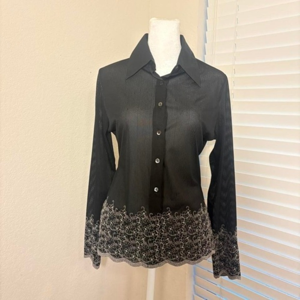 Rayure Paris L sheer black pinstripe button up blouse white floral embroidery